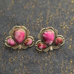 Pink Stone Silver-Tone Floral Stud Earrings